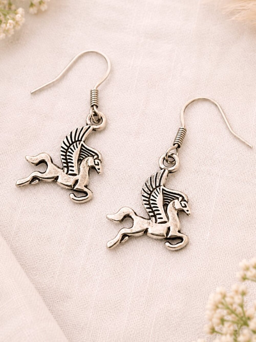 Silver Pegasus Winged Horse Dangle Earrings Mythical Fantasy Jewelry